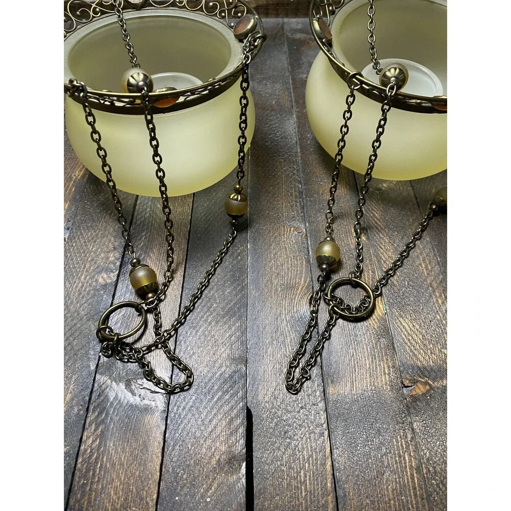 PartyLite Frosted Amber Glass Hanging Votive Candle Holders Pair Ornate Brass - Picture 3 of 9